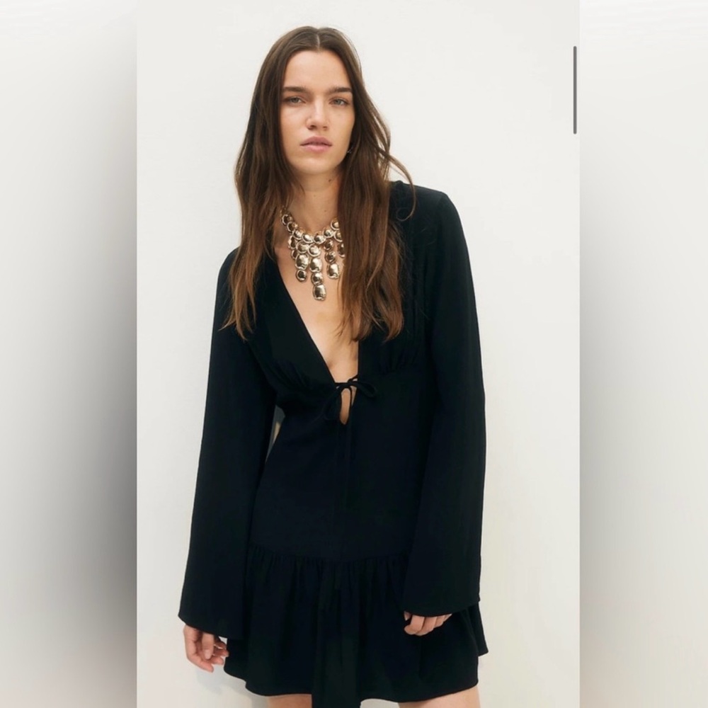 H&M Black Long-Sleeve Deep V Tie-Front Mini Dress